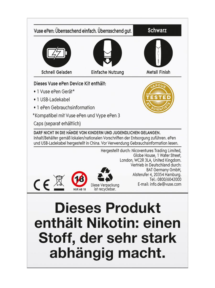Vuse Vuse ePen Device Kit schwarz (incl. USB-Kabel) bei www.Tabakring.de kaufen