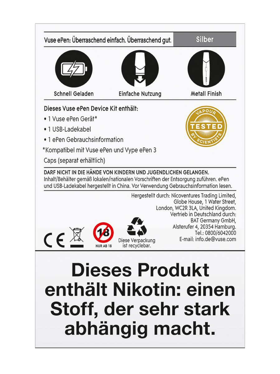 Vuse Vuse ePen Device Kit silber (incl. USB-Kabel) bei www.Tabakring.de kaufen