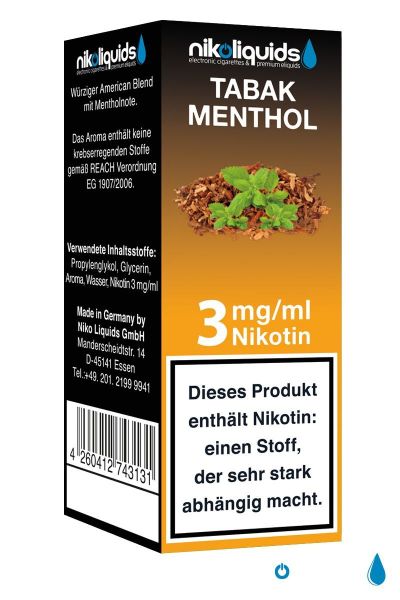 NikoLiquids Tabak Menthol Liquid 3mg Nikotin/ml (10 ml)